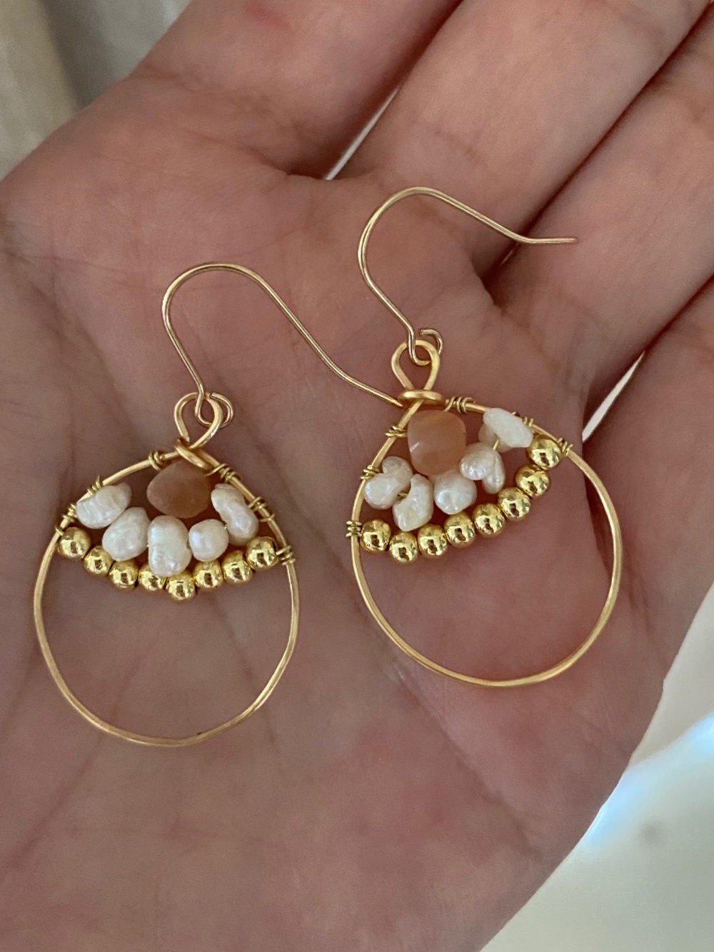 Handcrafted Hoop Earrings with Peach Moon Stone & Freshwater Pearl - Picture 2 of 2